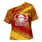 Gold Coast Suns Australian Football Cross Shoulder Shirt Sunny Hero Mascot With Indigenous Pattern Art