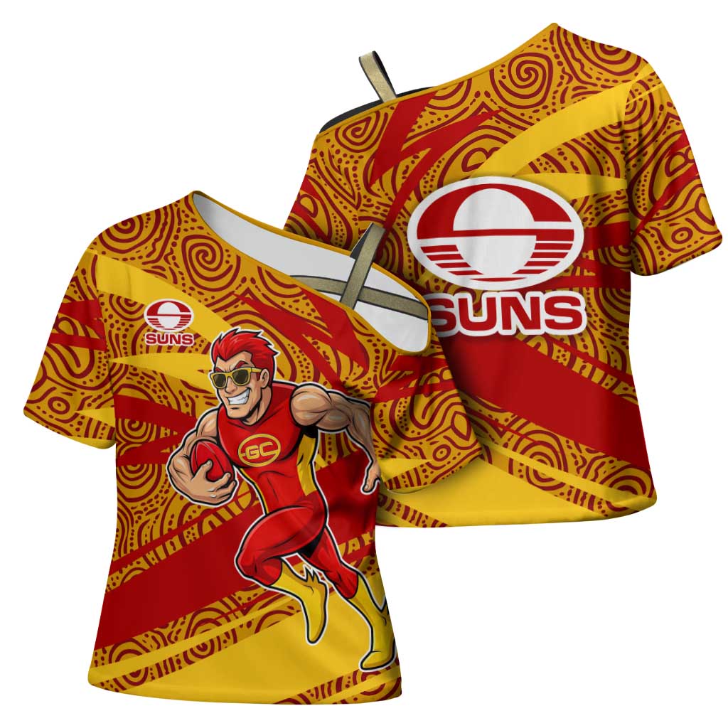 Gold Coast Suns Australian Football Cross Shoulder Shirt Sunny Hero Mascot With Indigenous Pattern Art