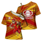 Gold Coast Suns Australian Football Cross Shoulder Shirt Sunny Hero Mascot With Indigenous Pattern Art