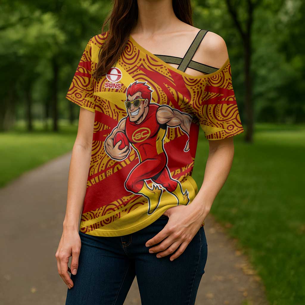 Gold Coast Suns Australian Football Cross Shoulder Shirt Sunny Hero Mascot With Indigenous Pattern Art