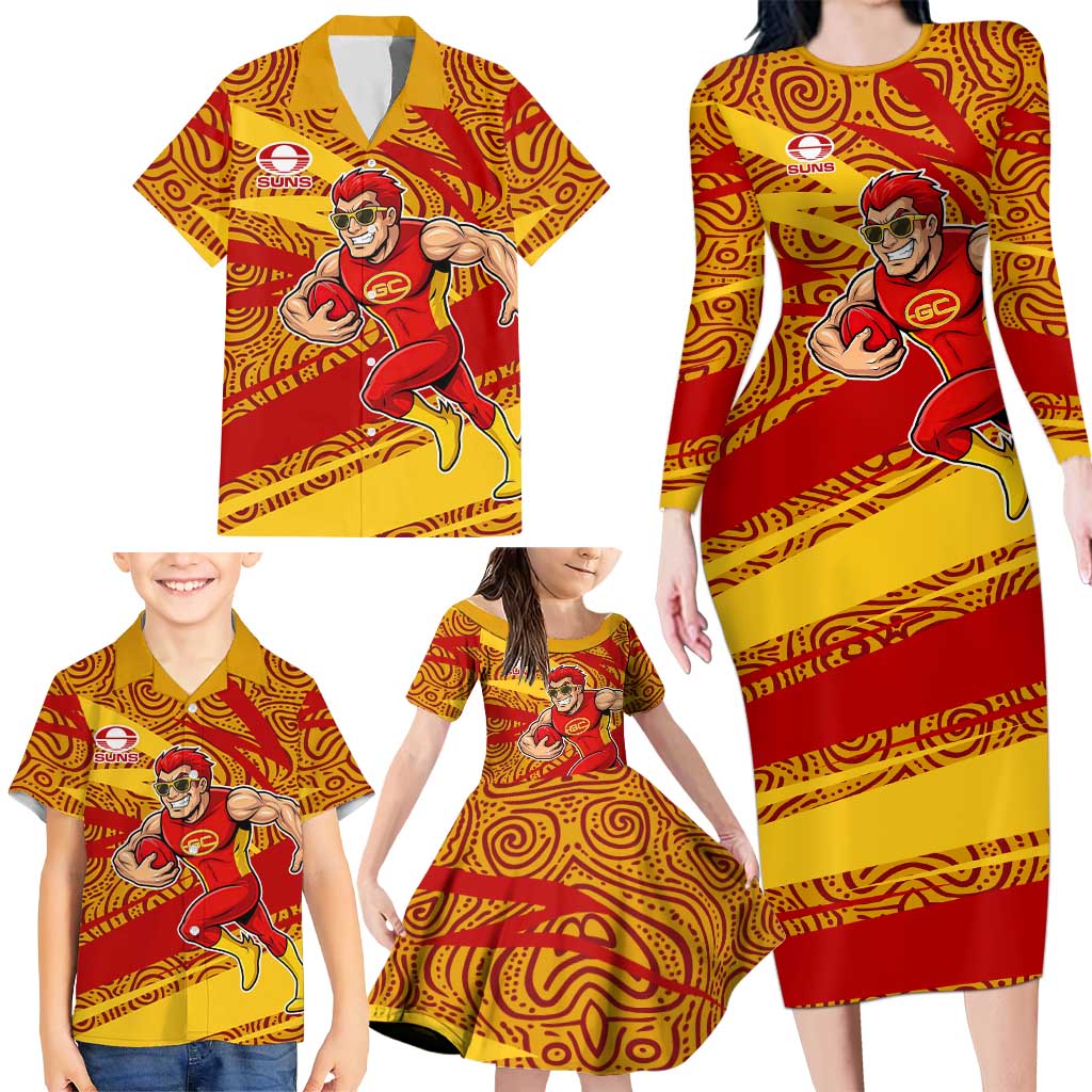 Gold Coast Suns Australian Football Family Matching Long Sleeve Bodycon Dress and Hawaiian Shirt Sunny Hero Mascot With Indigenous Pattern Art