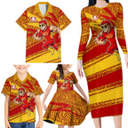 Gold Coast Suns Australian Football Family Matching Long Sleeve Bodycon Dress and Hawaiian Shirt Sunny Hero Mascot With Indigenous Pattern Art