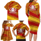 Gold Coast Suns Australian Football Family Matching Long Sleeve Bodycon Dress and Hawaiian Shirt Sunny Hero Mascot With Indigenous Pattern Art