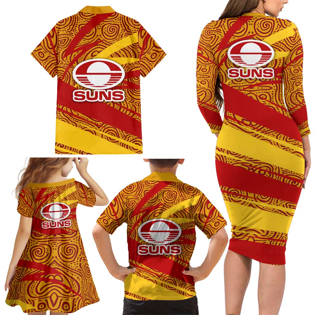Gold Coast Suns Australian Football Family Matching Long Sleeve Bodycon Dress and Hawaiian Shirt Sunny Hero Mascot With Indigenous Pattern Art