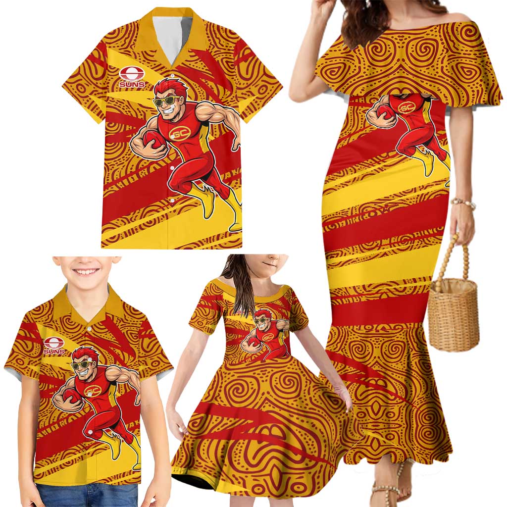 Gold Coast Suns Australian Football Family Matching Mermaid Dress and Hawaiian Shirt Sunny Hero Mascot With Indigenous Pattern Art