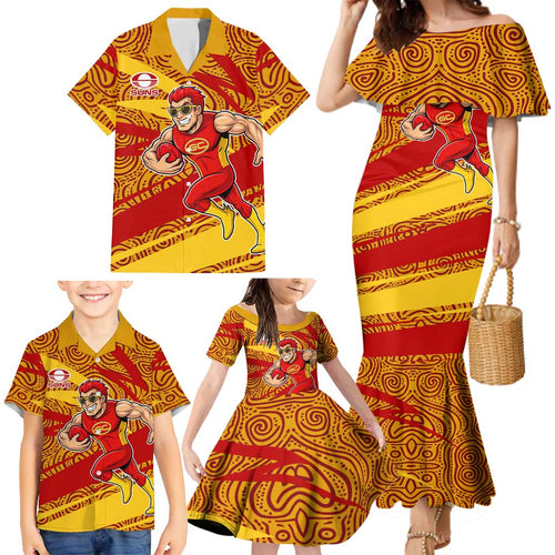 Gold Coast Suns Australian Football Family Matching Mermaid Dress and Hawaiian Shirt Sunny Hero Mascot With Indigenous Pattern Art