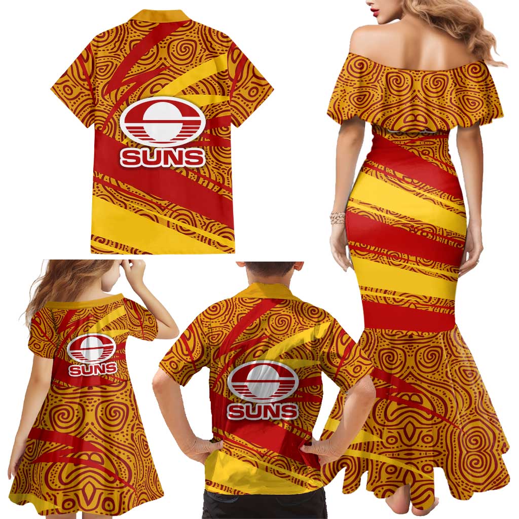 Gold Coast Suns Australian Football Family Matching Mermaid Dress and Hawaiian Shirt Sunny Hero Mascot With Indigenous Pattern Art