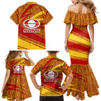 Gold Coast Suns Australian Football Family Matching Mermaid Dress and Hawaiian Shirt Sunny Hero Mascot With Indigenous Pattern Art