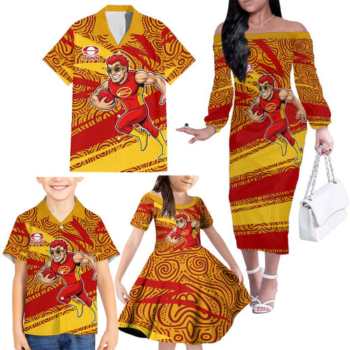Gold Coast Suns Australian Football Family Matching Off The Shoulder Long Sleeve Dress and Hawaiian Shirt Sunny Hero Mascot With Indigenous Pattern Art