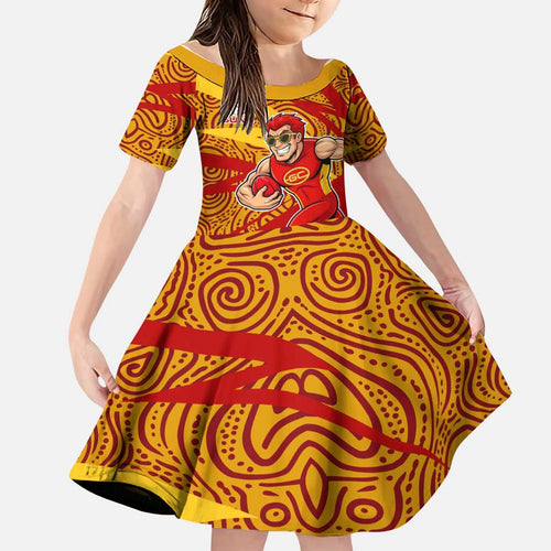 Gold Coast Suns Australian Football Family Matching Off The Shoulder Long Sleeve Dress and Hawaiian Shirt Sunny Hero Mascot With Indigenous Pattern Art