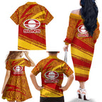 Gold Coast Suns Australian Football Family Matching Off The Shoulder Long Sleeve Dress and Hawaiian Shirt Sunny Hero Mascot With Indigenous Pattern Art
