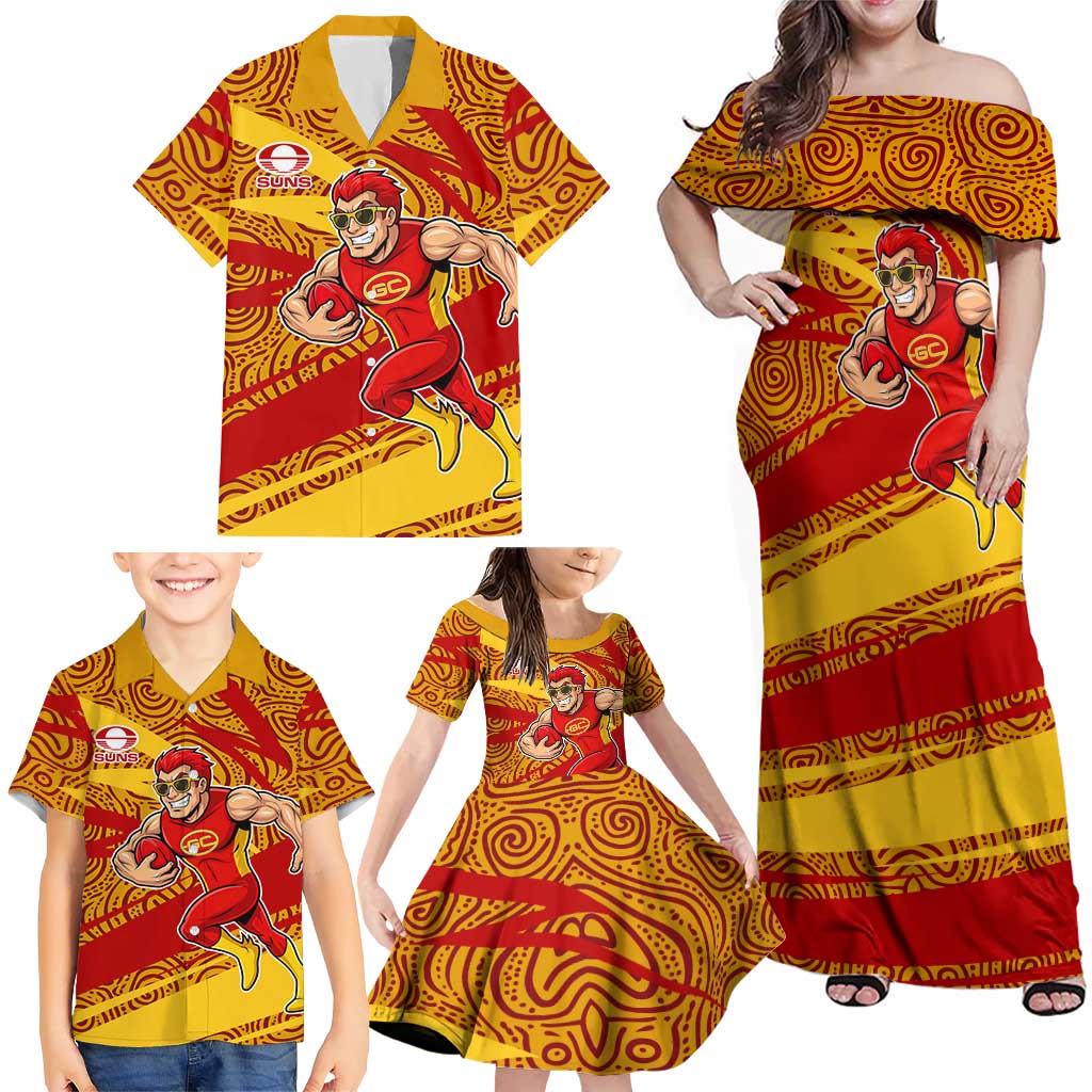Gold Coast Suns Australian Football Family Matching Off Shoulder Maxi Dress and Hawaiian Shirt Sunny Hero Mascot With Indigenous Pattern Art