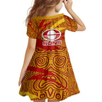 Gold Coast Suns Australian Football Family Matching Off Shoulder Maxi Dress and Hawaiian Shirt Sunny Hero Mascot With Indigenous Pattern Art