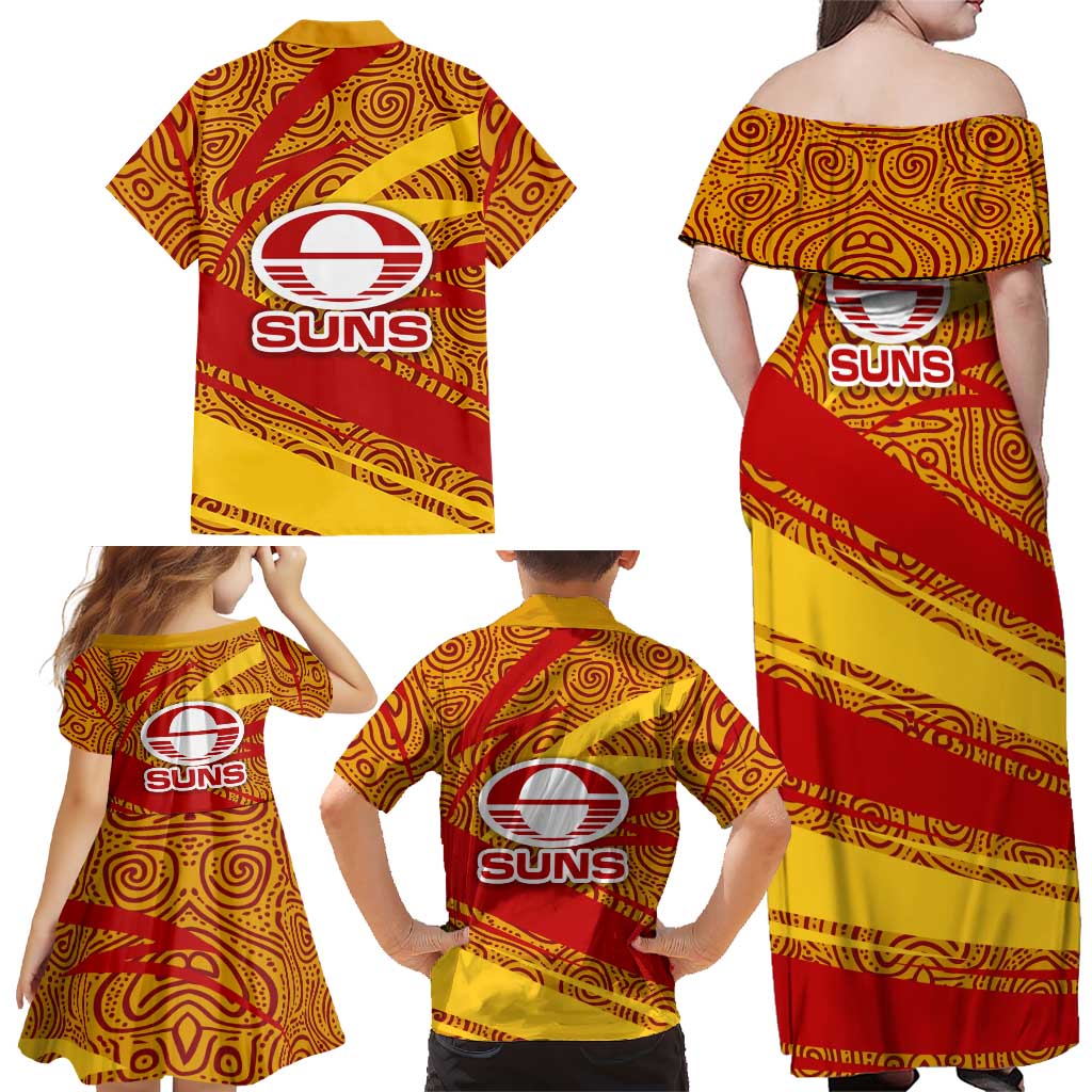 Gold Coast Suns Australian Football Family Matching Off Shoulder Maxi Dress and Hawaiian Shirt Sunny Hero Mascot With Indigenous Pattern Art