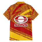 Gold Coast Suns Australian Football Family Matching Off Shoulder Maxi Dress and Hawaiian Shirt Sunny Hero Mascot With Indigenous Pattern Art