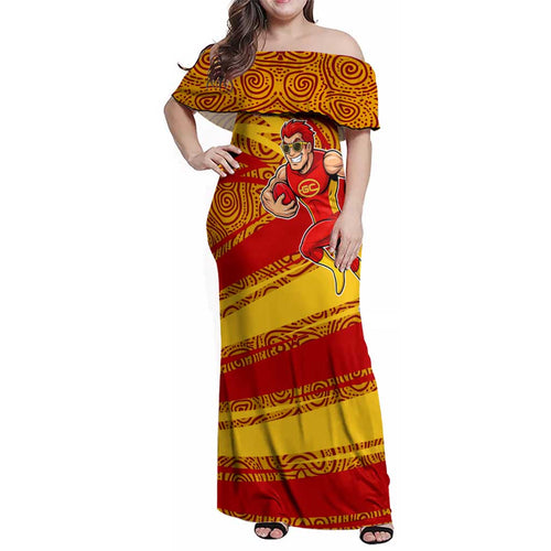 Gold Coast Suns Australian Football Family Matching Off Shoulder Maxi Dress and Hawaiian Shirt Sunny Hero Mascot With Indigenous Pattern Art