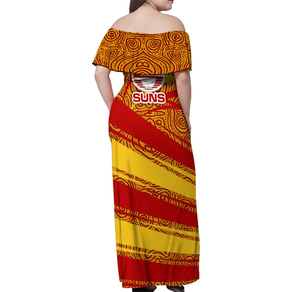 Gold Coast Suns Australian Football Family Matching Off Shoulder Maxi Dress and Hawaiian Shirt Sunny Hero Mascot With Indigenous Pattern Art