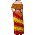Gold Coast Suns Australian Football Family Matching Off Shoulder Maxi Dress and Hawaiian Shirt Sunny Hero Mascot With Indigenous Pattern Art