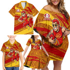 Gold Coast Suns Australian Football Family Matching Off Shoulder Short Dress and Hawaiian Shirt Sunny Hero Mascot With Indigenous Pattern Art