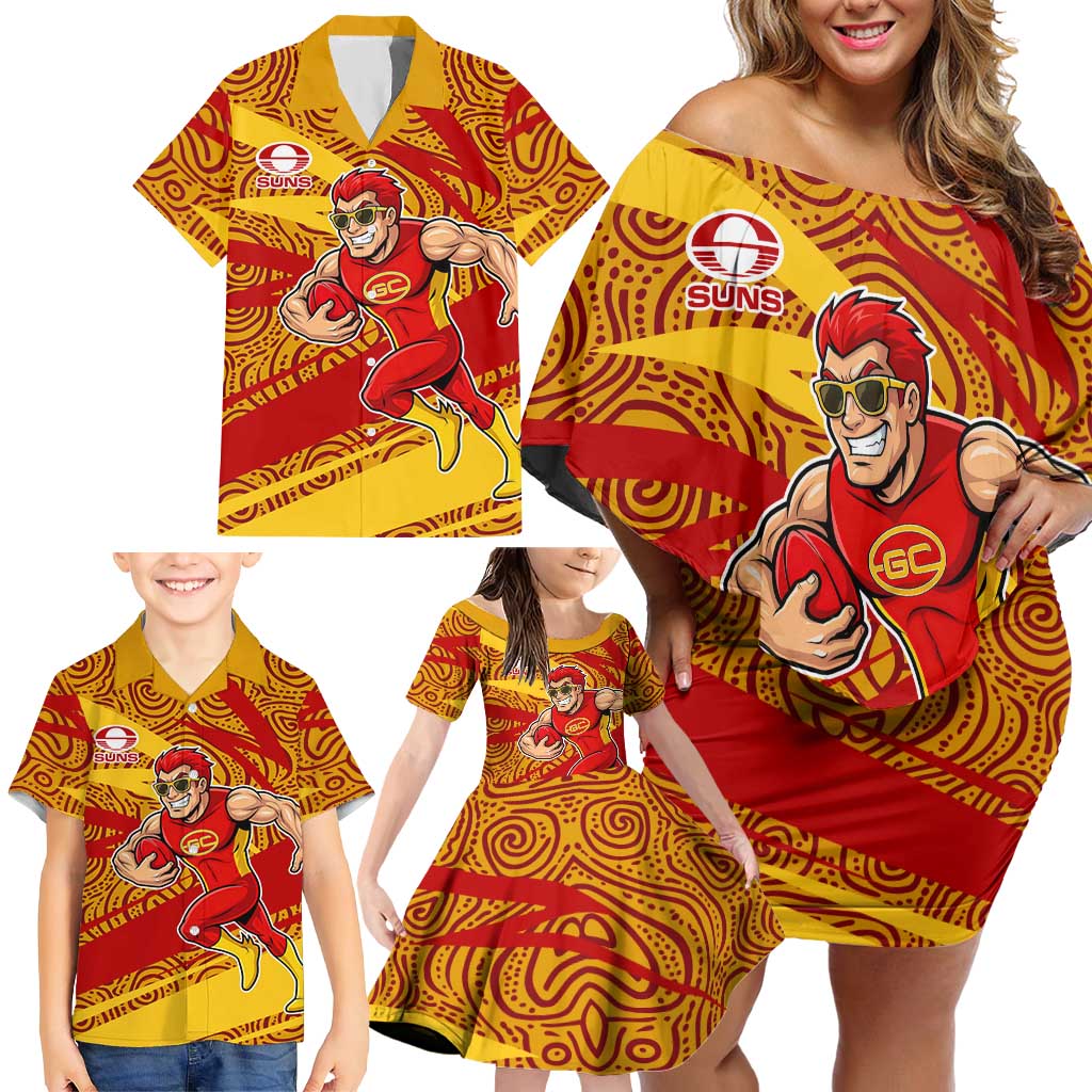 Gold Coast Suns Australian Football Family Matching Off Shoulder Short Dress and Hawaiian Shirt Sunny Hero Mascot With Indigenous Pattern Art