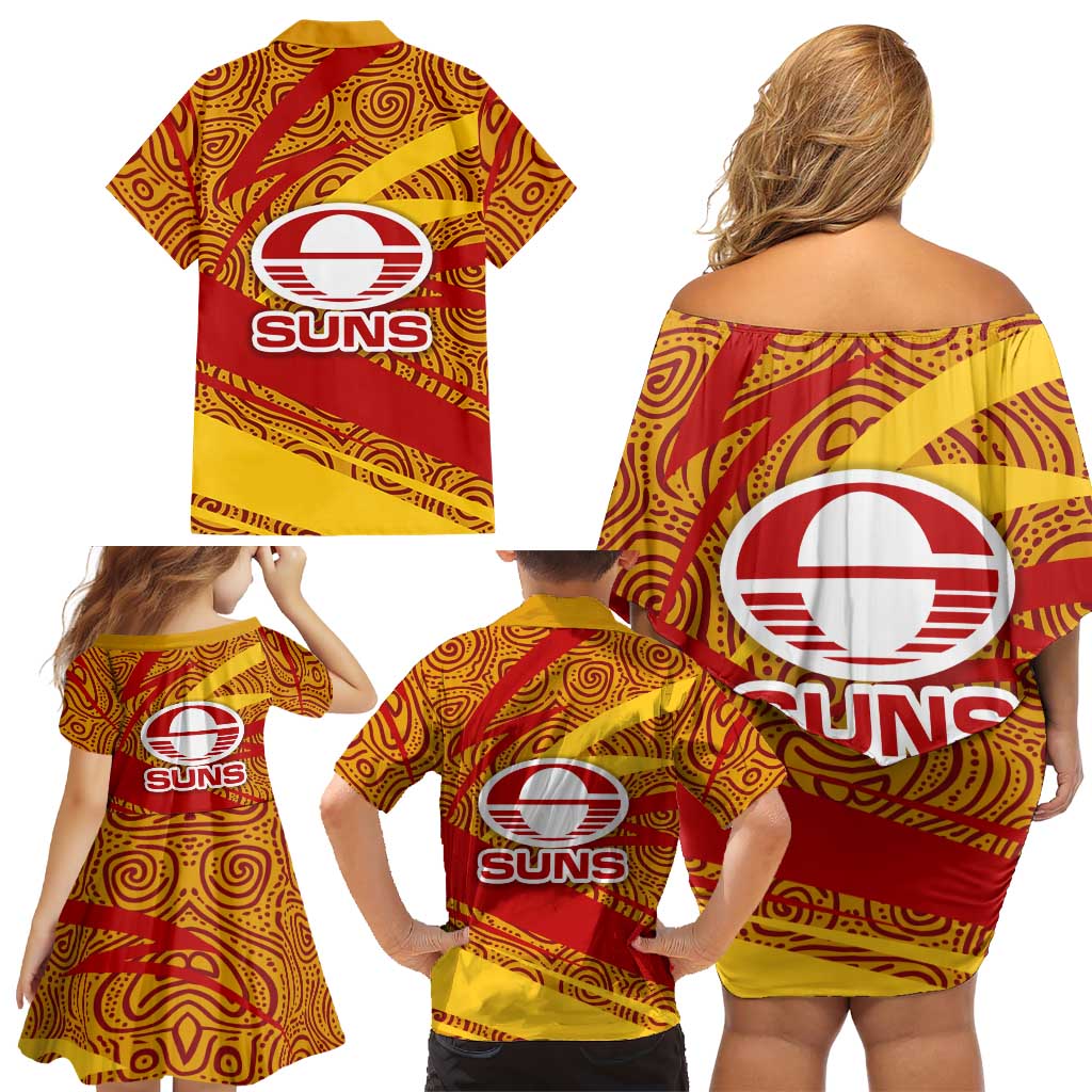 Gold Coast Suns Australian Football Family Matching Off Shoulder Short Dress and Hawaiian Shirt Sunny Hero Mascot With Indigenous Pattern Art