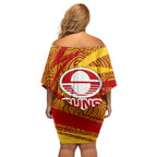 Gold Coast Suns Australian Football Family Matching Off Shoulder Short Dress and Hawaiian Shirt Sunny Hero Mascot With Indigenous Pattern Art