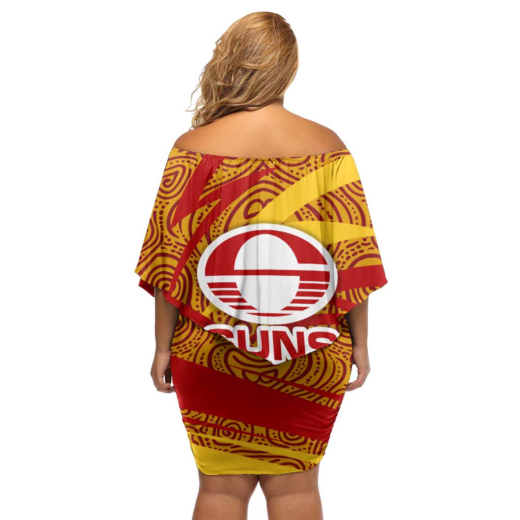 Gold Coast Suns Australian Football Family Matching Off Shoulder Short Dress and Hawaiian Shirt Sunny Hero Mascot With Indigenous Pattern Art