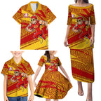 Gold Coast Suns Australian Football Family Matching Puletasi and Hawaiian Shirt Sunny Hero Mascot With Indigenous Pattern Art