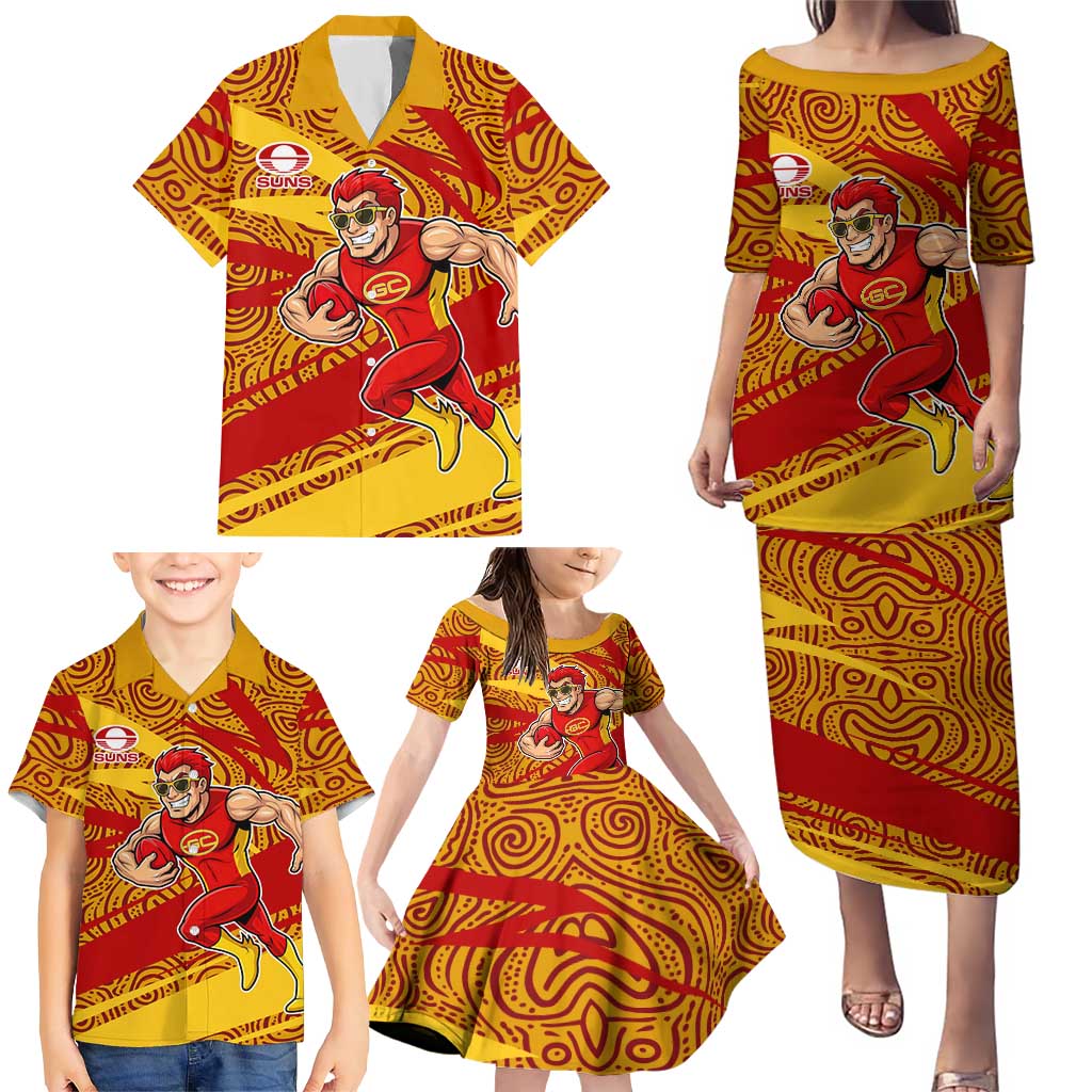 Gold Coast Suns Australian Football Family Matching Puletasi and Hawaiian Shirt Sunny Hero Mascot With Indigenous Pattern Art