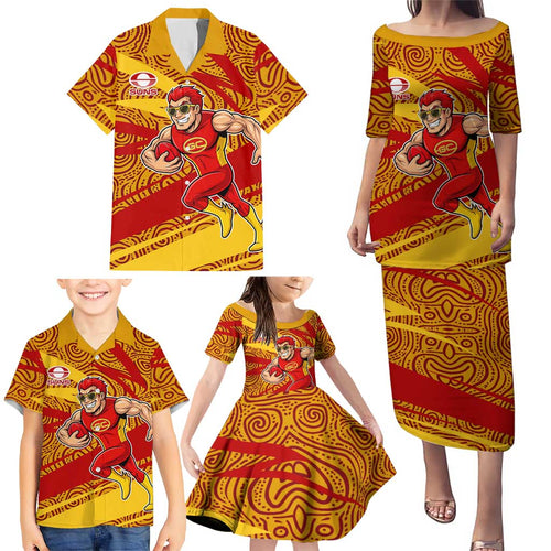 Gold Coast Suns Australian Football Family Matching Puletasi and Hawaiian Shirt Sunny Hero Mascot With Indigenous Pattern Art