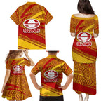 Gold Coast Suns Australian Football Family Matching Puletasi and Hawaiian Shirt Sunny Hero Mascot With Indigenous Pattern Art