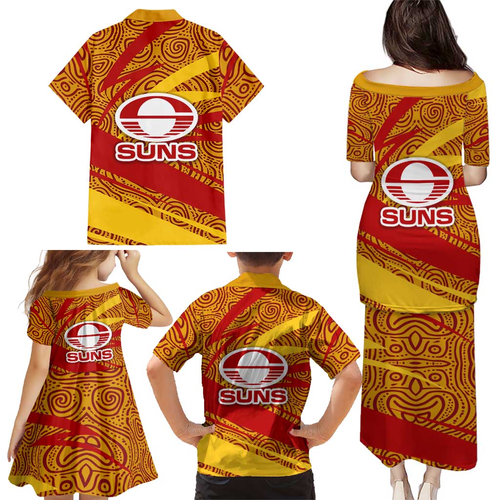 Gold Coast Suns Australian Football Family Matching Puletasi and Hawaiian Shirt Sunny Hero Mascot With Indigenous Pattern Art