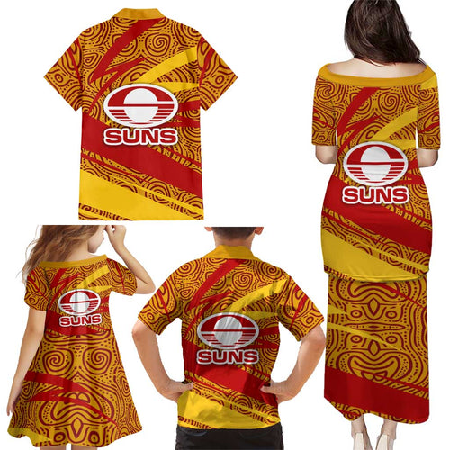 Gold Coast Suns Australian Football Family Matching Puletasi and Hawaiian Shirt Sunny Hero Mascot With Indigenous Pattern Art