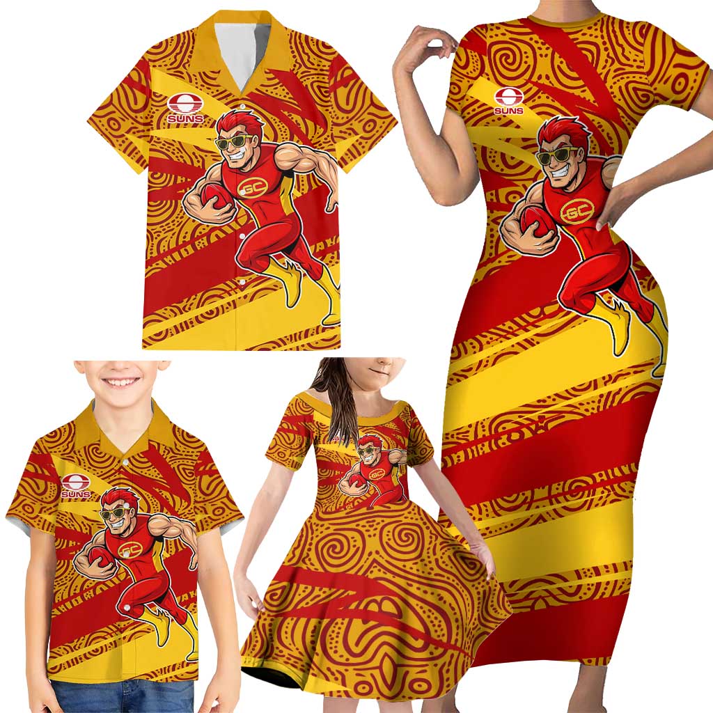 Gold Coast Suns Australian Football Family Matching Short Sleeve Bodycon Dress and Hawaiian Shirt Sunny Hero Mascot With Indigenous Pattern Art