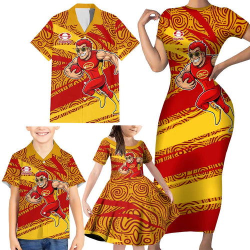 Gold Coast Suns Australian Football Family Matching Short Sleeve Bodycon Dress and Hawaiian Shirt Sunny Hero Mascot With Indigenous Pattern Art