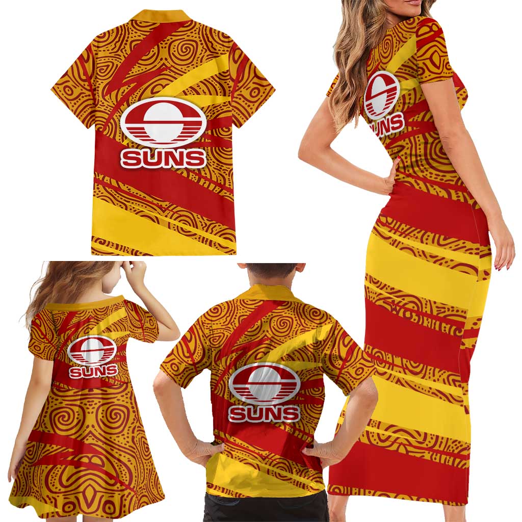 Gold Coast Suns Australian Football Family Matching Short Sleeve Bodycon Dress and Hawaiian Shirt Sunny Hero Mascot With Indigenous Pattern Art