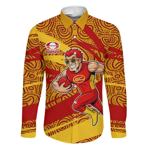 Gold Coast Suns Australian Football Family Matching Short Sleeve Bodycon Dress and Hawaiian Shirt Sunny Hero Mascot With Indigenous Pattern Art