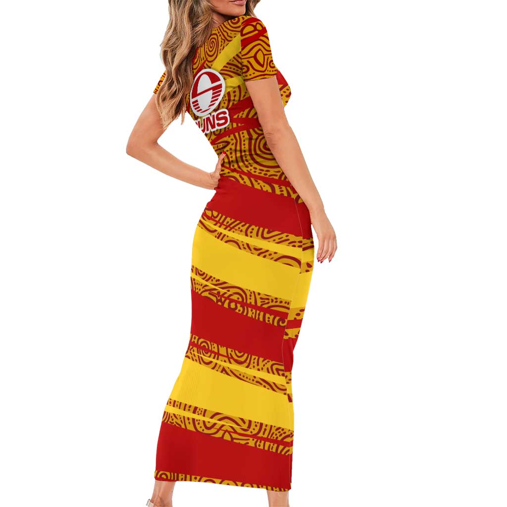 Gold Coast Suns Australian Football Family Matching Short Sleeve Bodycon Dress and Hawaiian Shirt Sunny Hero Mascot With Indigenous Pattern Art