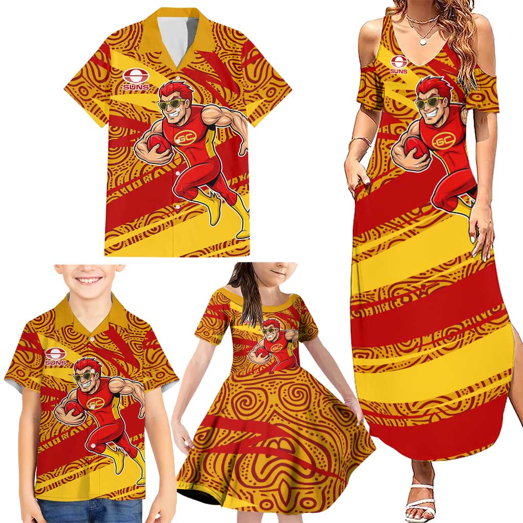 Gold Coast Suns Australian Football Family Matching Summer Maxi Dress and Hawaiian Shirt Sunny Hero Mascot With Indigenous Pattern Art