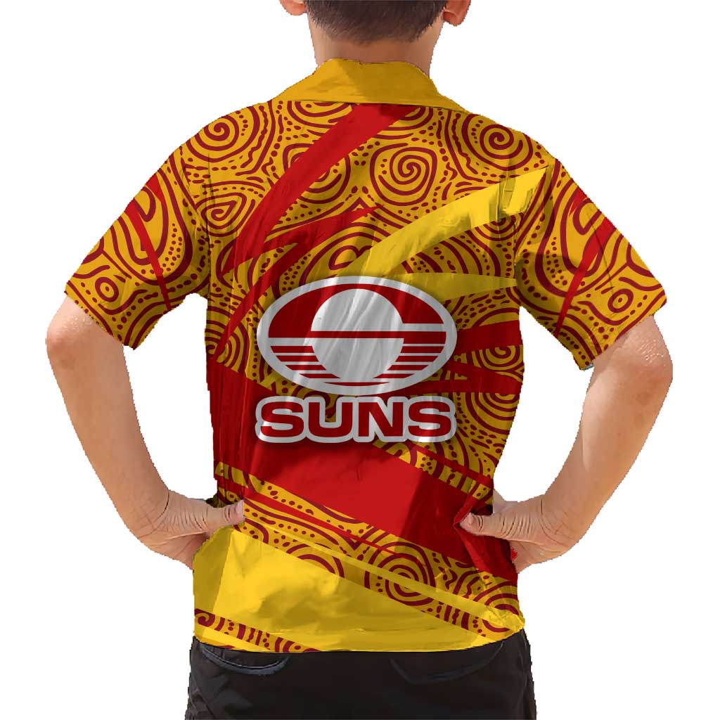 Gold Coast Suns Australian Football Family Matching Summer Maxi Dress and Hawaiian Shirt Sunny Hero Mascot With Indigenous Pattern Art