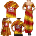 Gold Coast Suns Australian Football Family Matching Summer Maxi Dress and Hawaiian Shirt Sunny Hero Mascot With Indigenous Pattern Art
