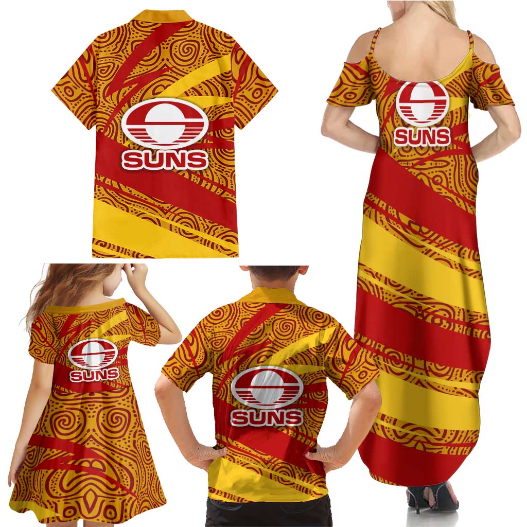 Gold Coast Suns Australian Football Family Matching Summer Maxi Dress and Hawaiian Shirt Sunny Hero Mascot With Indigenous Pattern Art