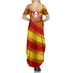 Gold Coast Suns Australian Football Family Matching Summer Maxi Dress and Hawaiian Shirt Sunny Hero Mascot With Indigenous Pattern Art