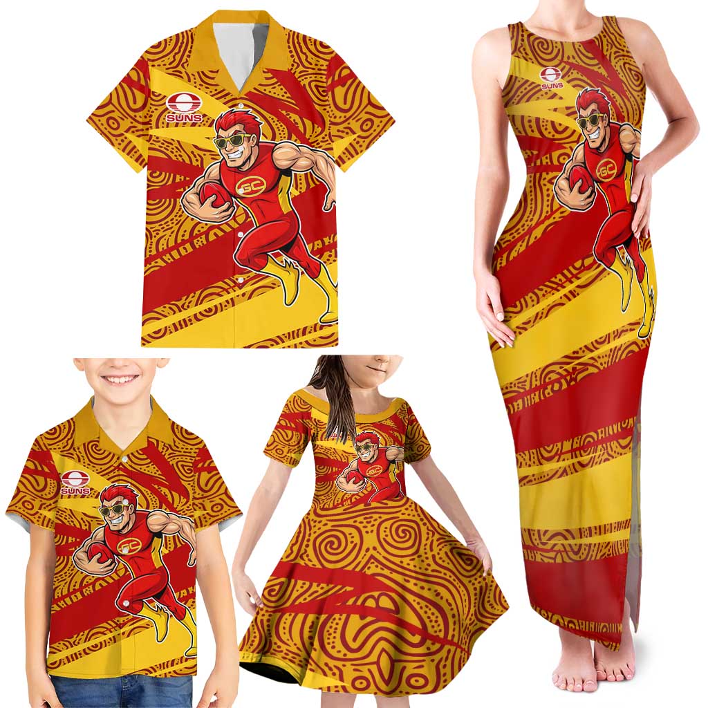 Gold Coast Suns Australian Football Family Matching Tank Maxi Dress and Hawaiian Shirt Sunny Hero Mascot With Indigenous Pattern Art