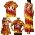 Gold Coast Suns Australian Football Family Matching Tank Maxi Dress and Hawaiian Shirt Sunny Hero Mascot With Indigenous Pattern Art