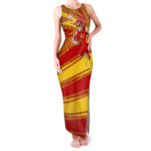Gold Coast Suns Australian Football Family Matching Tank Maxi Dress and Hawaiian Shirt Sunny Hero Mascot With Indigenous Pattern Art