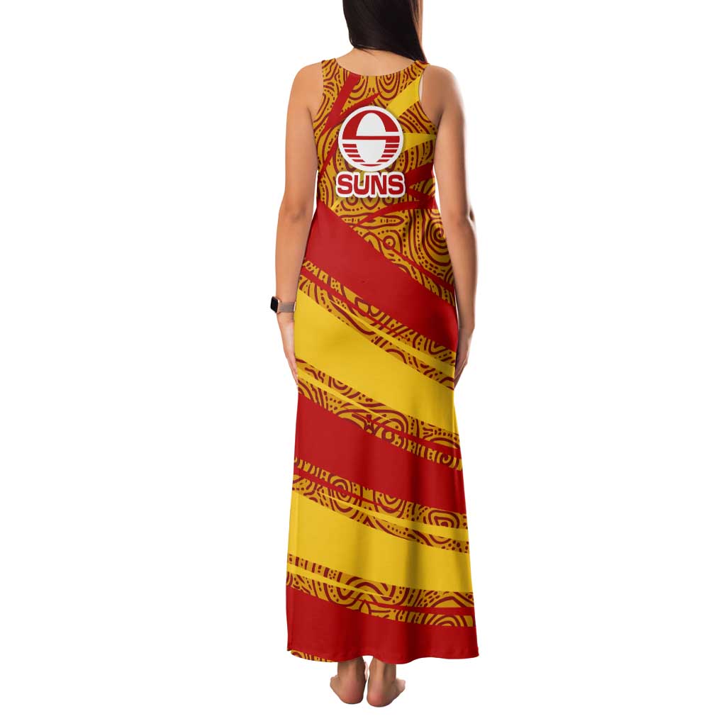 Gold Coast Suns Australian Football Family Matching Tank Maxi Dress and Hawaiian Shirt Sunny Hero Mascot With Indigenous Pattern Art