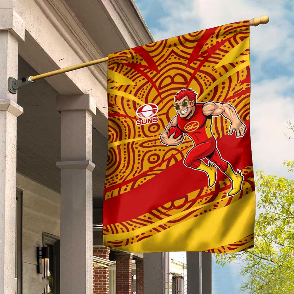 Gold Coast Suns Australian Football Garden Flag Sunny Hero Mascot With Indigenous Pattern Art