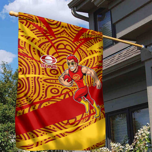 Gold Coast Suns Australian Football Garden Flag Sunny Hero Mascot With Indigenous Pattern Art