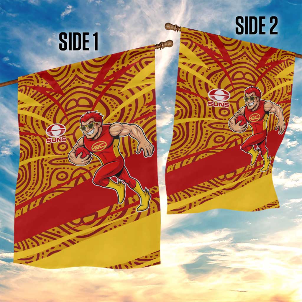 Gold Coast Suns Australian Football Garden Flag Sunny Hero Mascot With Indigenous Pattern Art